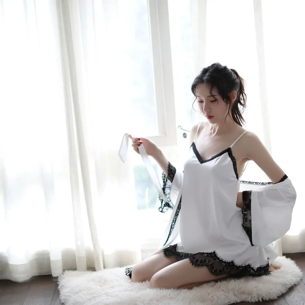 High-end ครึ่งแขนชุดผู้หญิงสไตล์ญี่ปุ่นเซ็กซี่กิโมโน Sleep Robes ลูกไม้เร้าอารมณ์ชุดชั้นในชุดสลิงชุดชั้นในเครื่องแต่งกาย