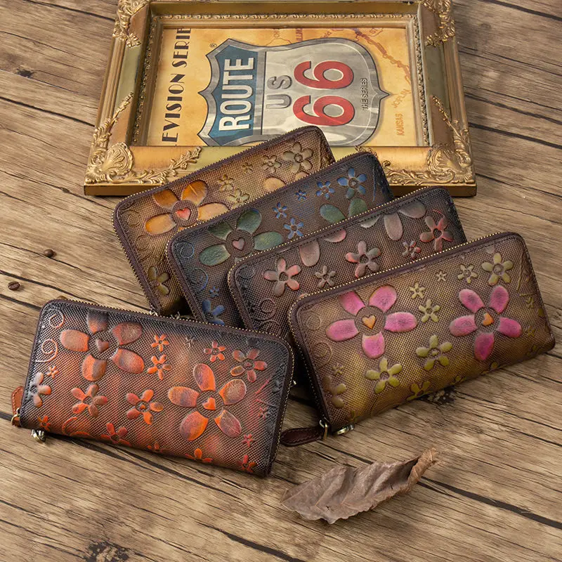 Nuevo Cartera larga para mujer, cartera Vintage hecha a mano de piel de vaca con cremallera, monedero de gran capacidad para