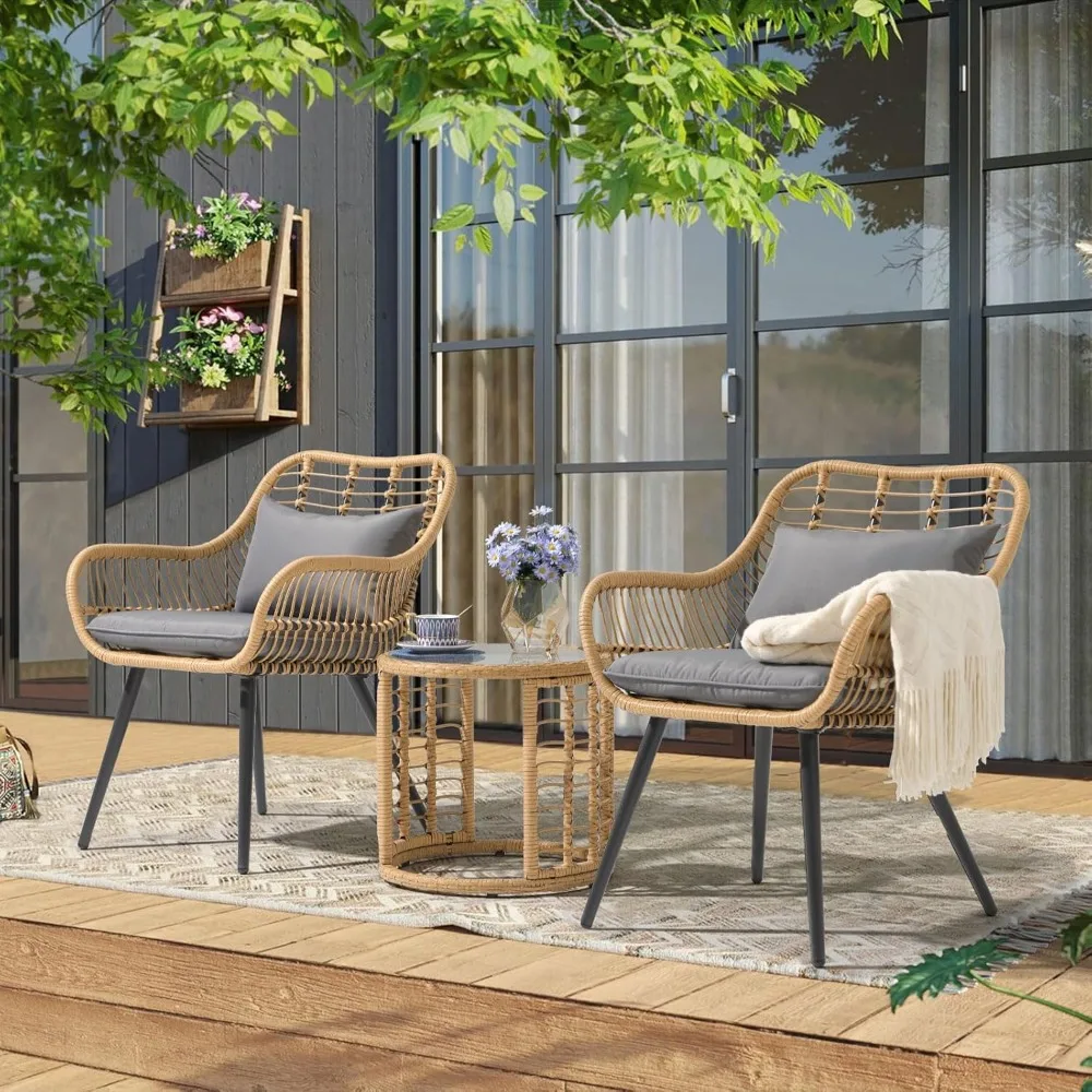 

3 Piece Outdoor Conversation Bistro Set, Patio Furniture Wicker Chairs Set with Round Side Table for Porch