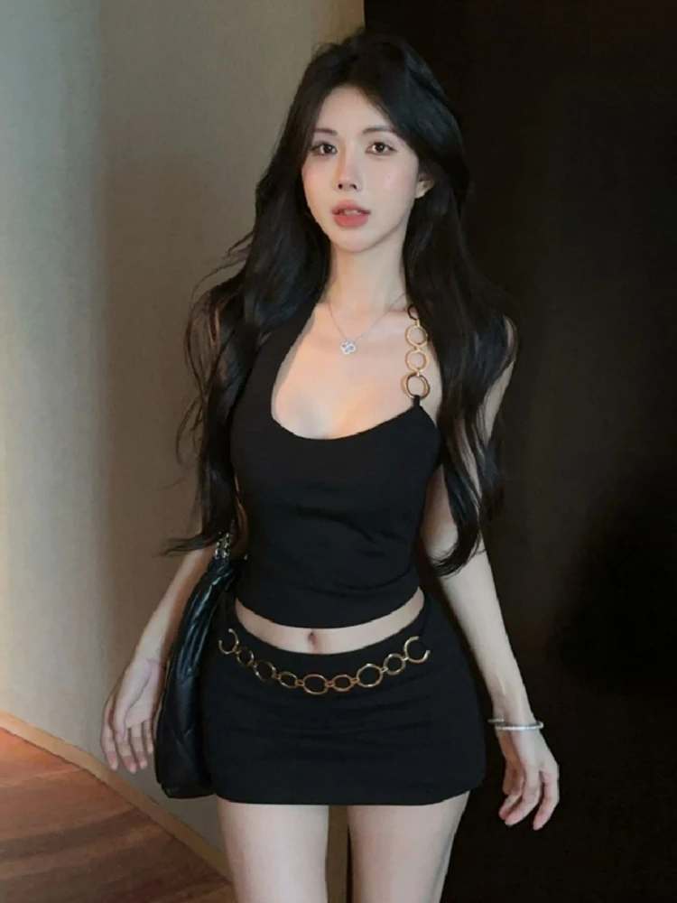 

Women's Halter Crop Top With Metal Ring Backless Design Bodycon Mini Skirt Set Sexy American Style Club Outfit