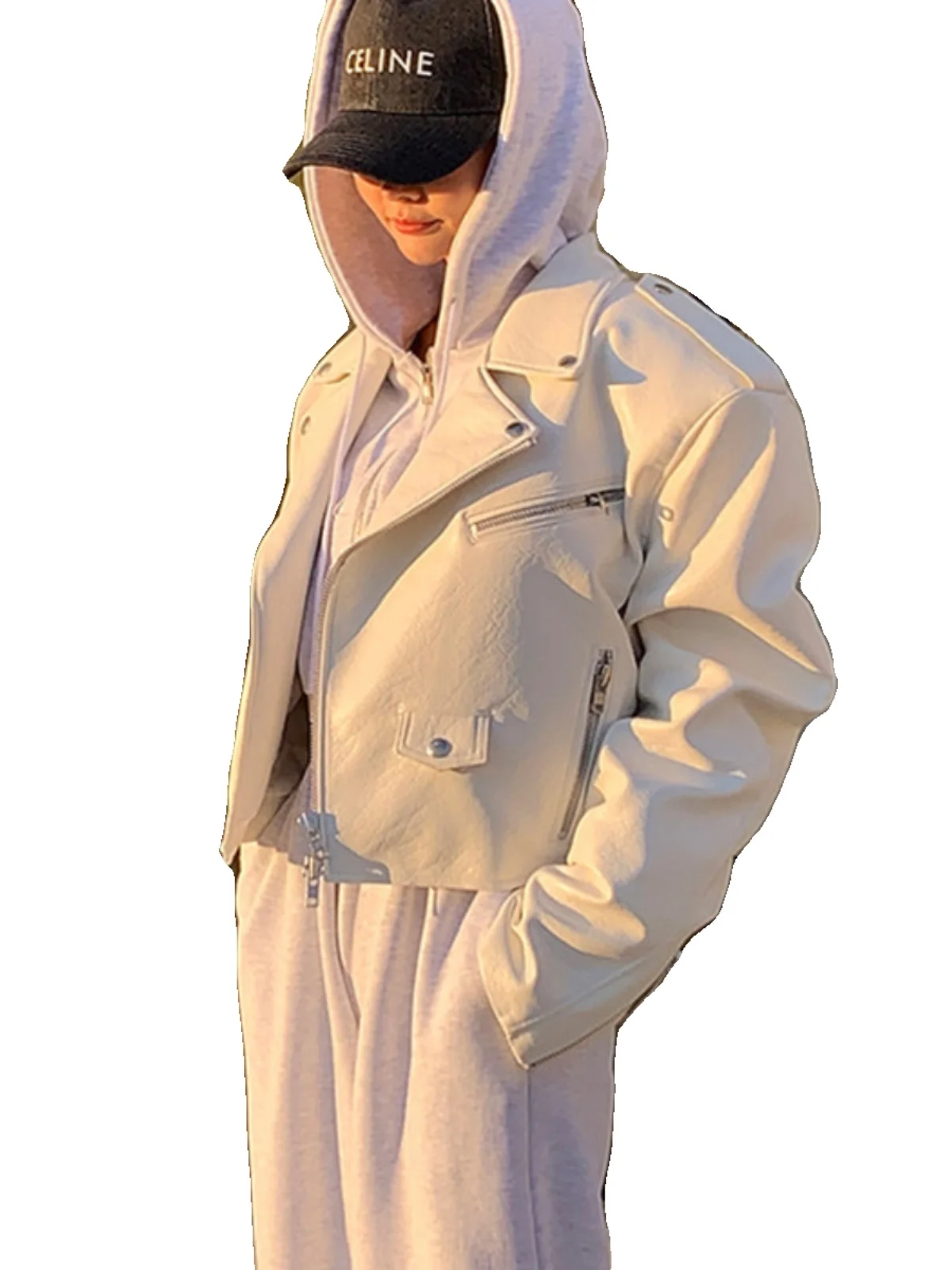 Sli ort PU Leather Jaet Women's Loose Fit Biker Coat with Double Zipper And Rivet Collar Trendy Outerwear