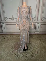 Fashion Design Crystals Transparent Dress Evening Celebrate See Through Mesh Birthday Celebrate Performance Costume