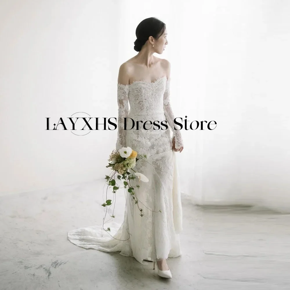 恋人レースアップリケウェディングドレス韓国日本女性のための長袖背中の開いたエレガントなブライダルドレス写真撮影カスタマイズ