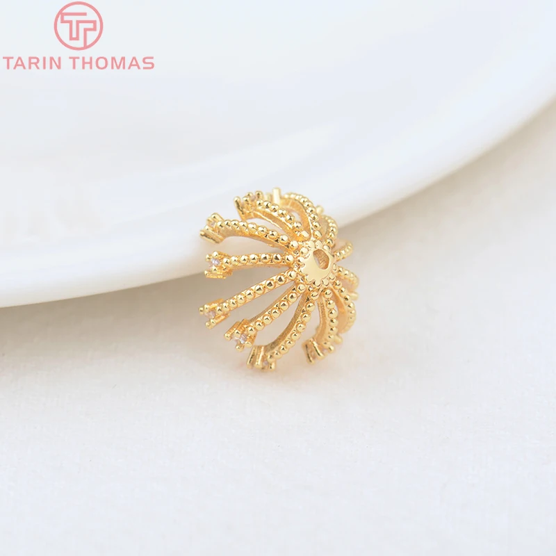(3191)4PCS 13MM Hole 1MM 24K Gold Color Brass with Zircon Flower Bead Caps High Quality Jewelry Making Findings Accessories image 5