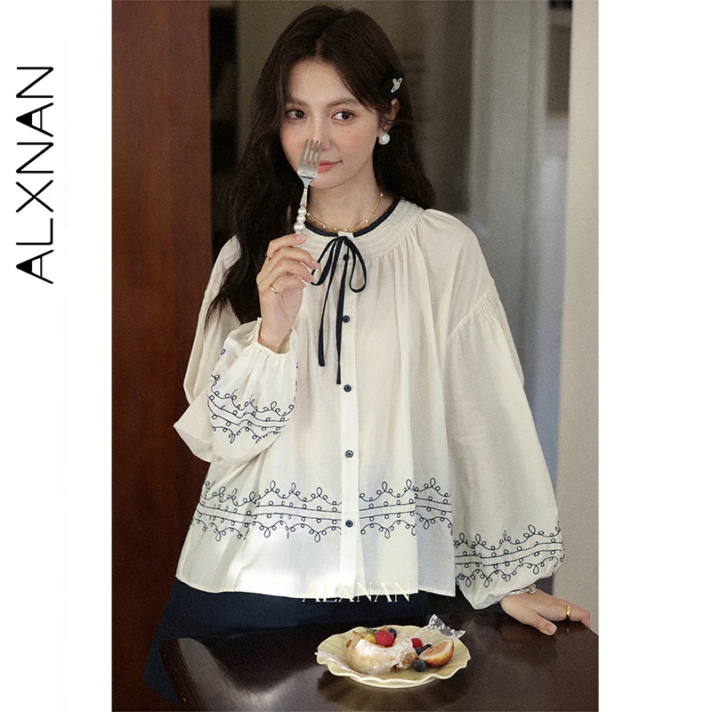 

ALXNAN Off-white Long Sleeve Shirt for Women Autumn New Lace-up Embroidered Puff Sleeve Shirts Casual Cotton 100% Tops L57272