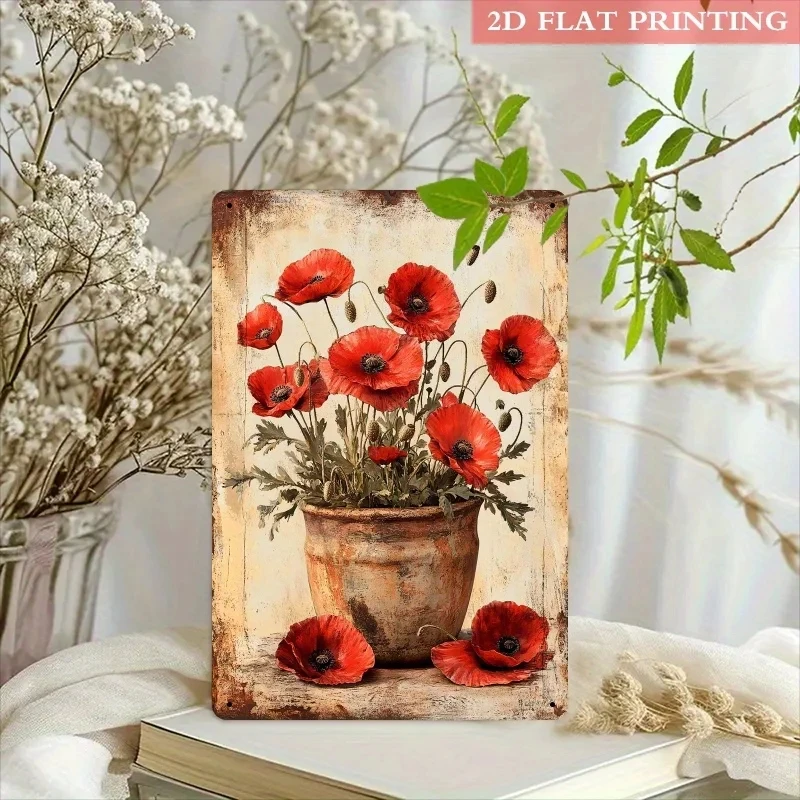 A Two-Dimensional Flat Object Featuring a Vintage Poppy Metal Decorative Plaque, Made of Iron, for Wall Decoration, with a Vintage Floral Design.