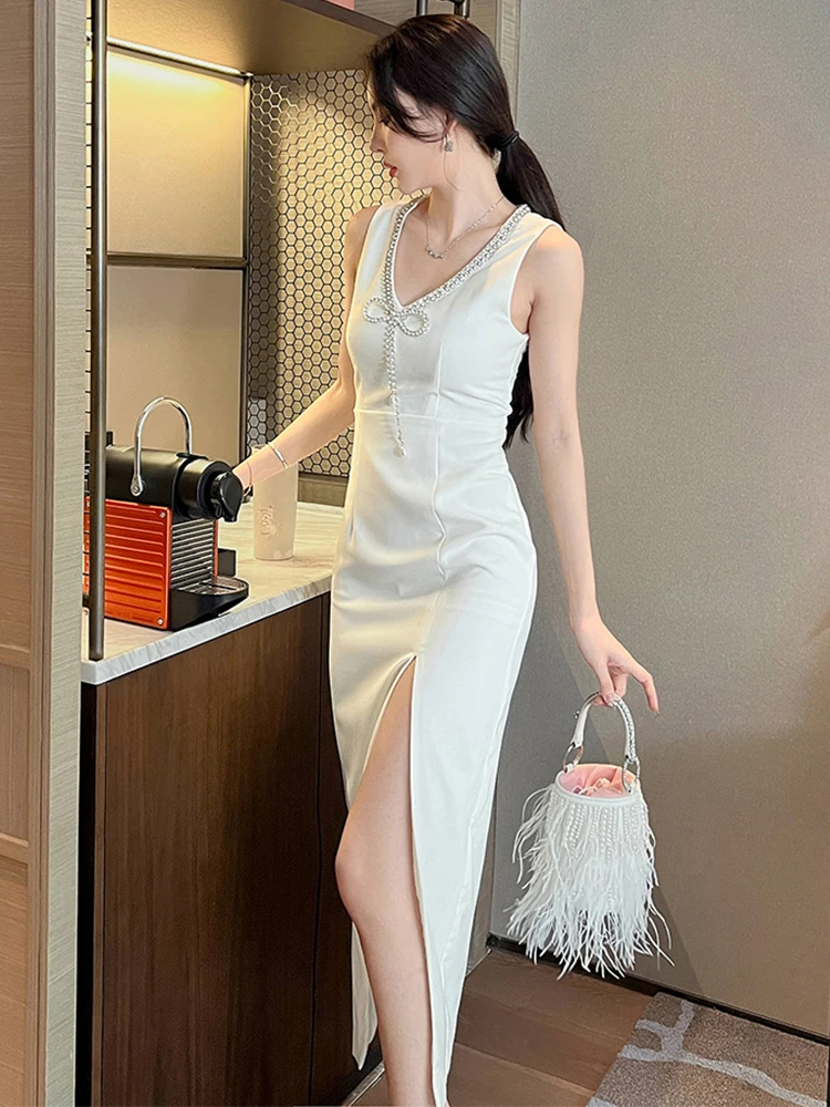 Elegancka Sukienka Wieczorowa Damska Sexy Słodka Kamizelka Diamenty Łańcuszek Obcisła Wysokie Rozcięcie Suknia Dama Impreza Klub Bal Studniówkowy Vestidos