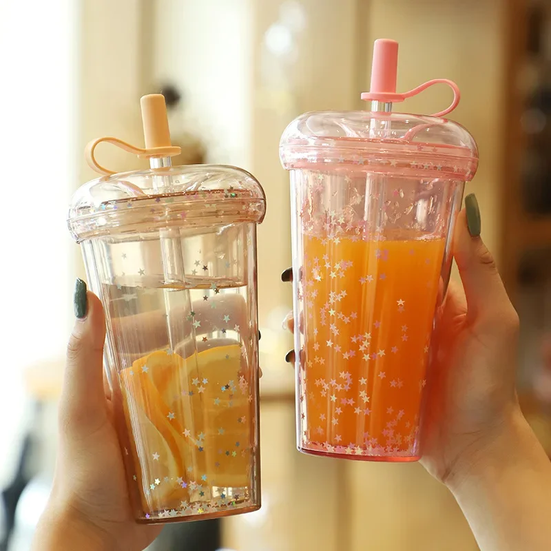 Ins Bubble Tea Cup Portable Tumbler with Straw Plastic Coffee Cups with Lid Transparent Water Bottle