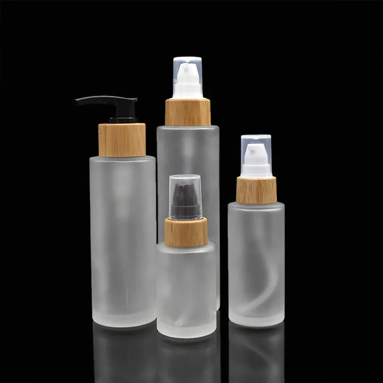 

Качественная морозная стеклянная бутылка с насосом для эмульсии, бамбуковые бутылки с насосом для лосьона, пустые бутылки для упаковки косметического крема, косметический контейнер