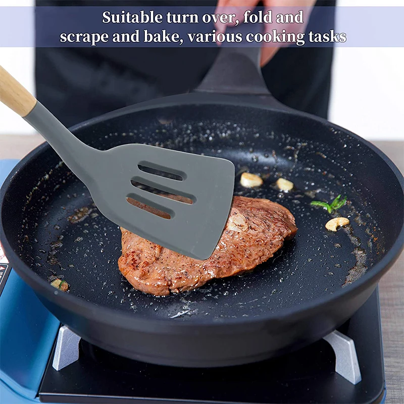 Non-Stick Silicone Slotted Spatula Turner Heat Resistant Cooking Shovel Scoop Skimmer Turner with Wooden Handle Pancakes Spatula