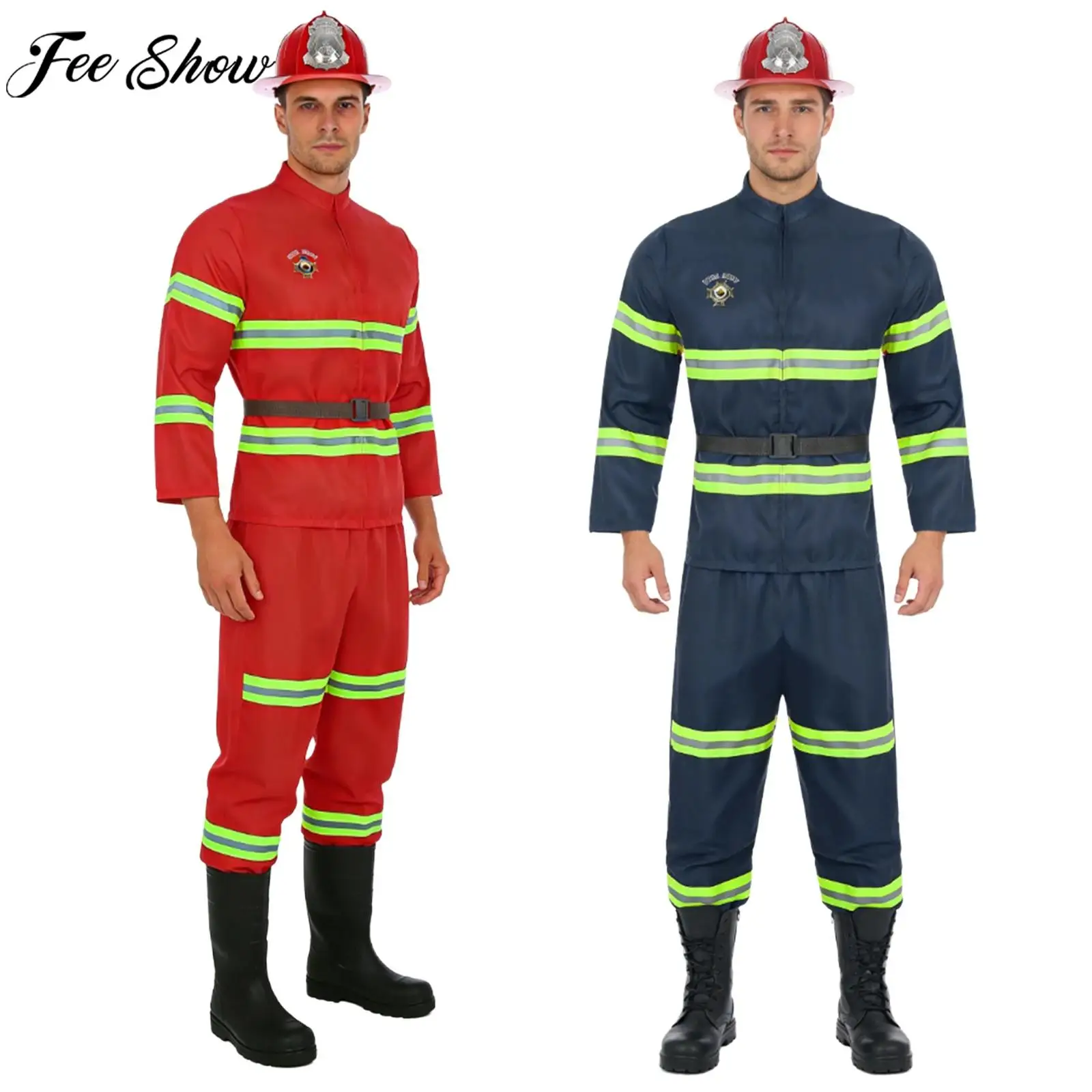 

Men Halloween Carnival Theme Party Firefighter Fireman Cosplay Costume Reflective Stripes Jacket Pants with Plastic Helmet Belt