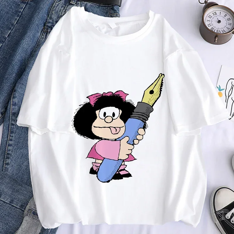 Mafalda Kawaii Graphic Print T-shirt Women Harajuku Aesthetic Pink Tops Y2k Tshirt 2024 New Summer Fashion Anime Female T Shirt