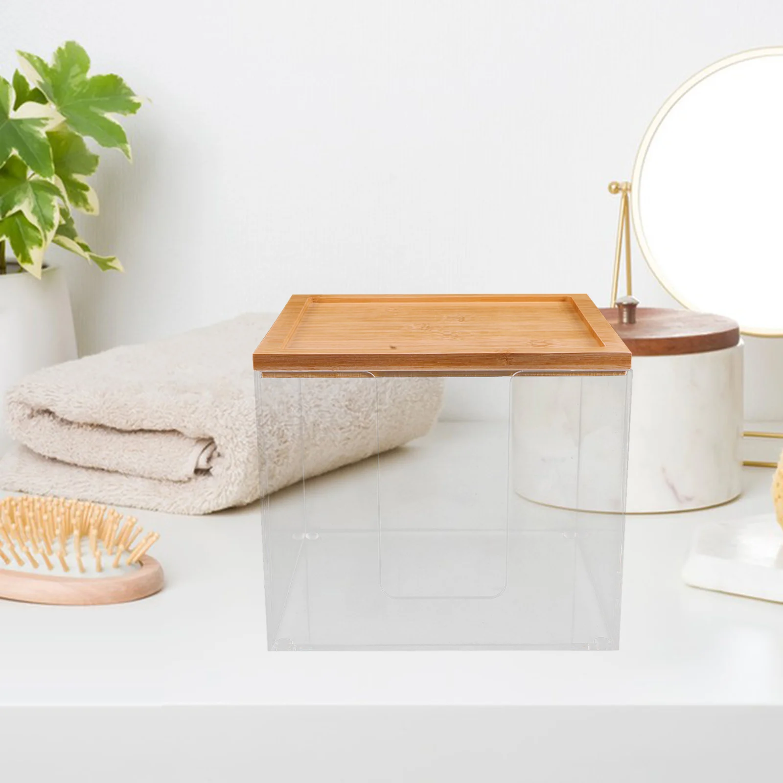 

Clear Acrylic Tissue Box Dispenser Rectangular Wood Lid Bathroom Kitchen Bedroom Office Elegant Design Quick Retrieval Compact