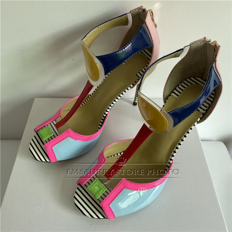 Sweet Jelly Color Peep Toe Gladiator Sandals Women Stiletto Heel T-strap Back Zip Patent Leather Mixed Color Summer Shoes