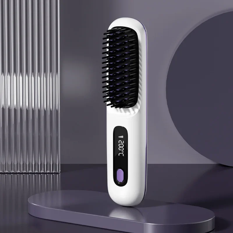 Cordless Negative Ion Hair Straightener Brush 2 In 1 Portable Anti Scald Curling Comb Volumizing Styler for Root Lift Fluffy