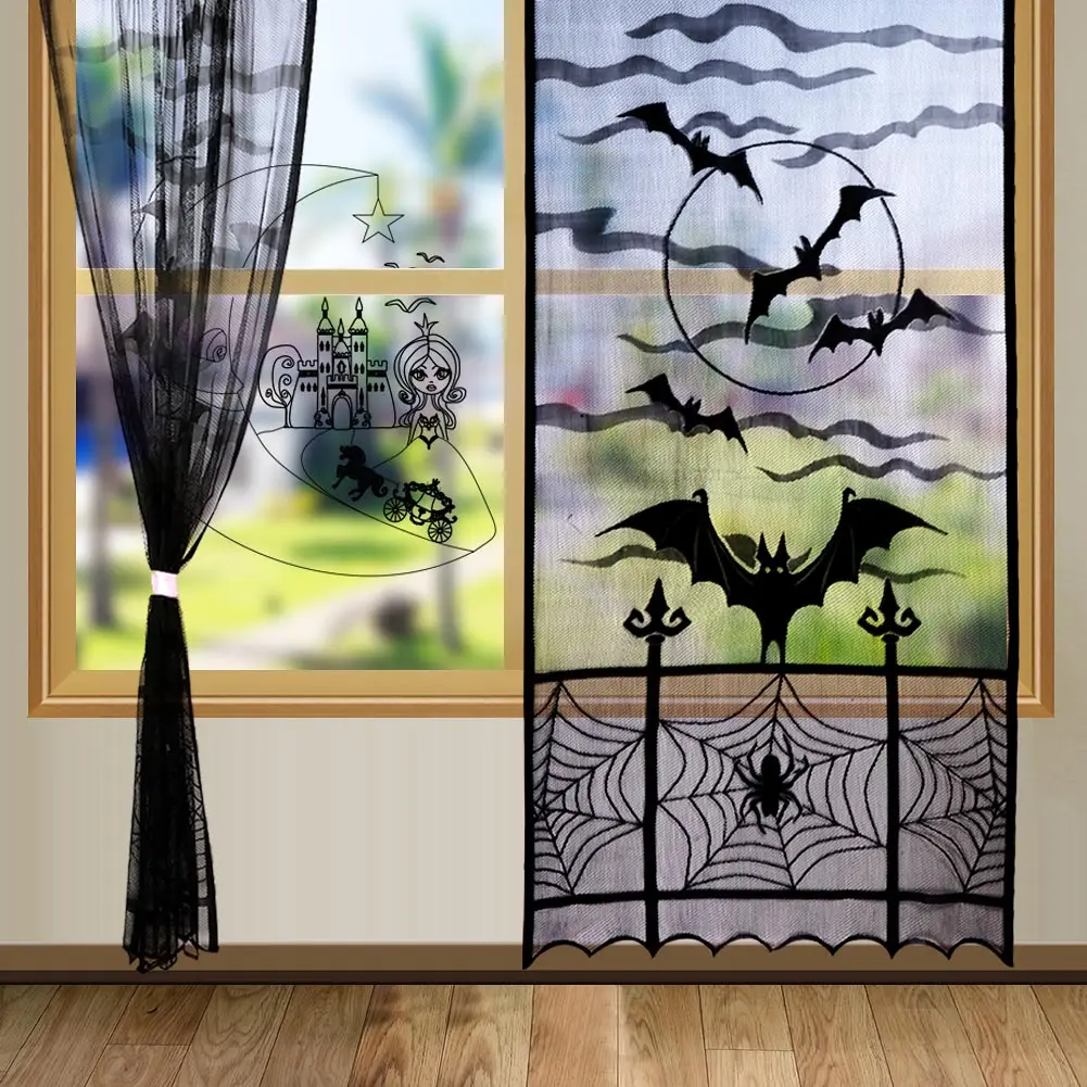 Ourwarm Spider Bat Curtains Halloween Lace Black Doorway Party Event Festival Window Drapes Home Decor