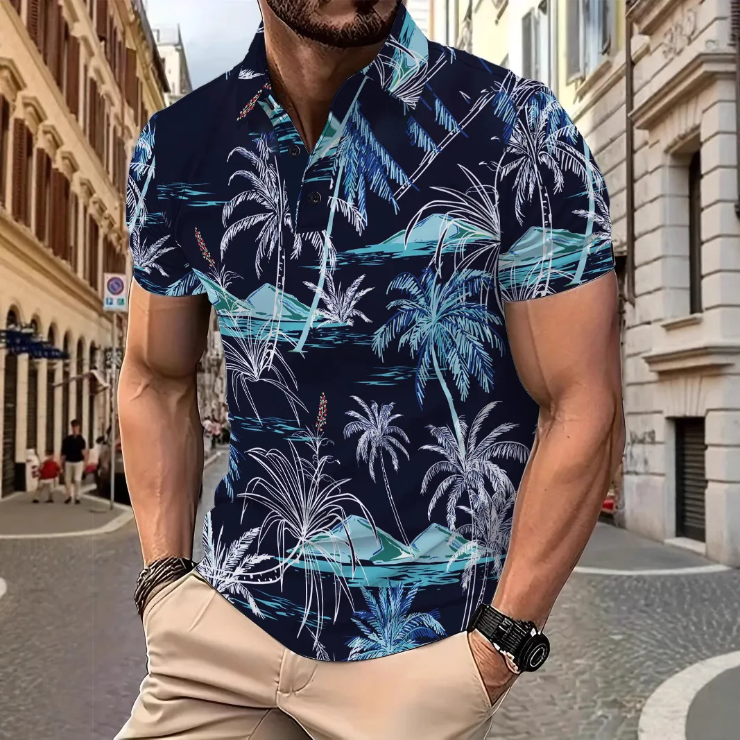 

3D Coconut Tree Graphic Printed Men's Short Sleeve Polo Shirts Hawaii Style Casual Tops Summer Seaside Party Lapel Button Shirts
