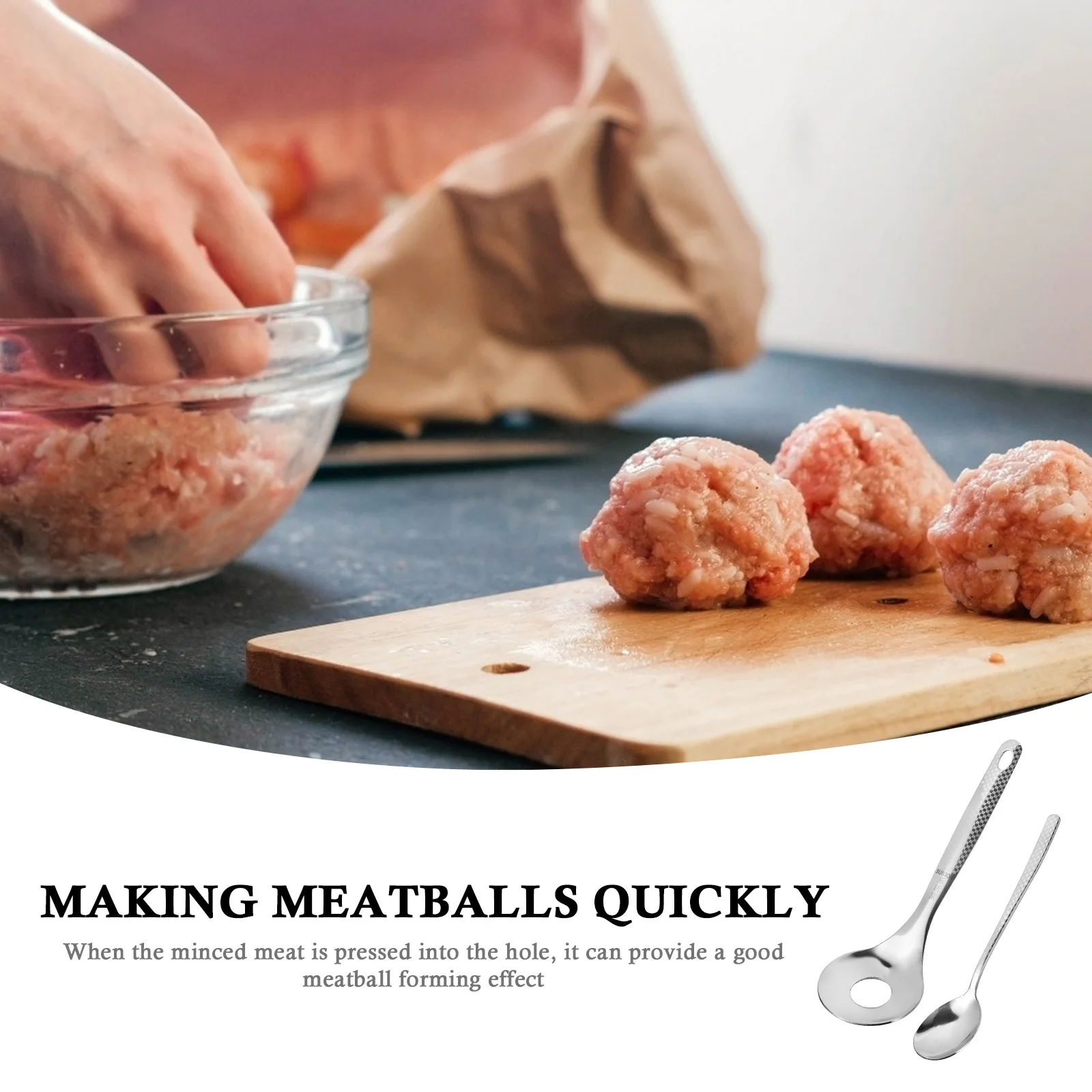 

2Pcs Stainless Steel Meatball Maker Hanging Hole Design Easy Storage Kitchenware Meatball Spoon Meat Ball Tool