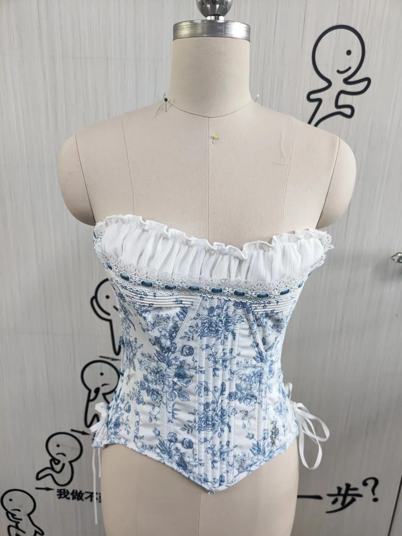 2024 Spring Fashion Women Shoulders Off Bustier Cropped Tops Floral Printing Pleated Bow Blouse Ladies Shirt Lace-Up Corset