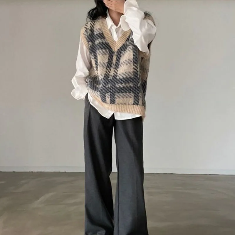 سترة كلاسيكية منقوشة سترة للنساء الكورية الخامس الرقبة أكمام البلوز البلوزات السيدات Harajuku Y2K المرقعة محبوك صدرية