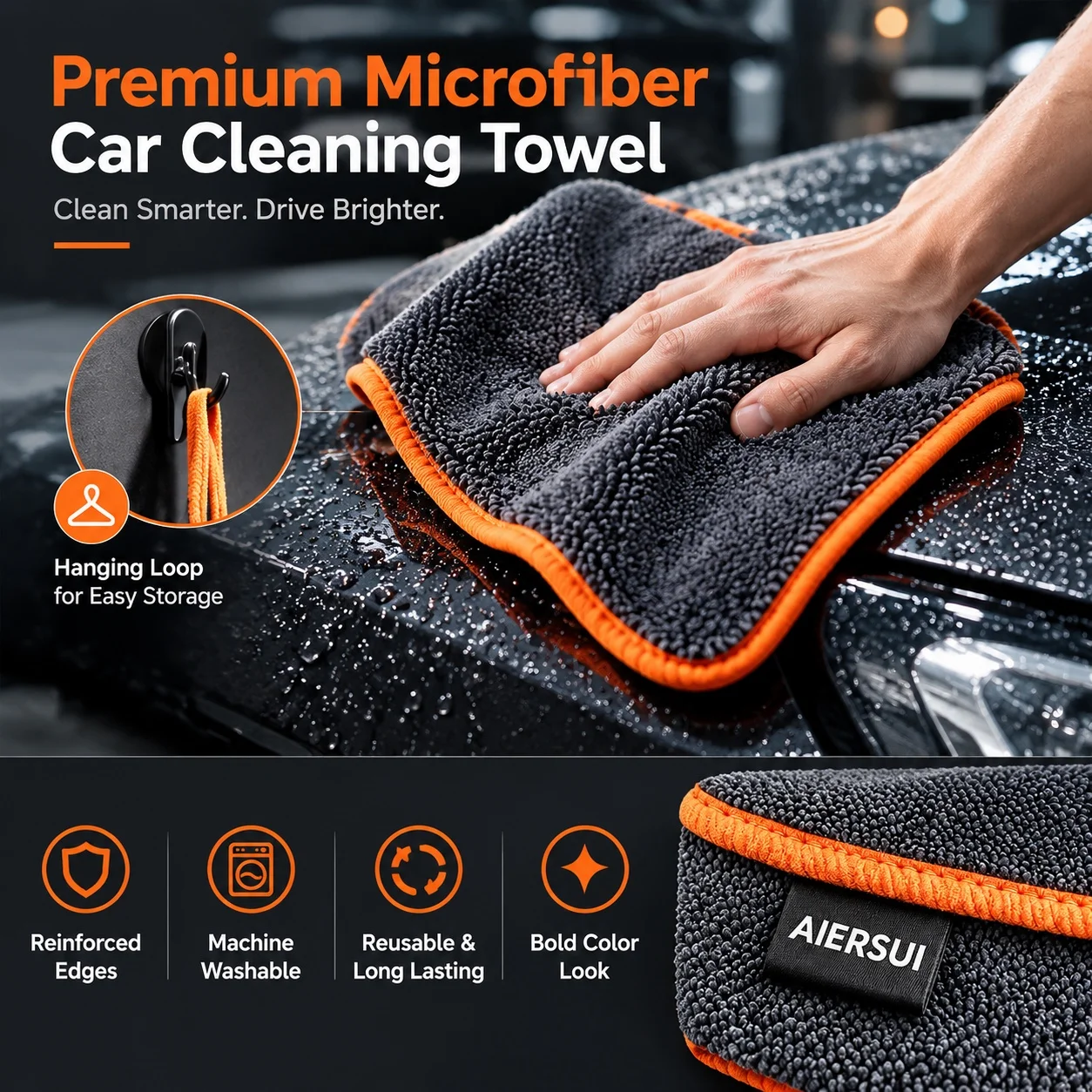 Premium Car Wash Towel Dark Grey Microfiber Cloth Orange Trim Hanging Loop High Absorbency Auto Detailing Cleaning Rag