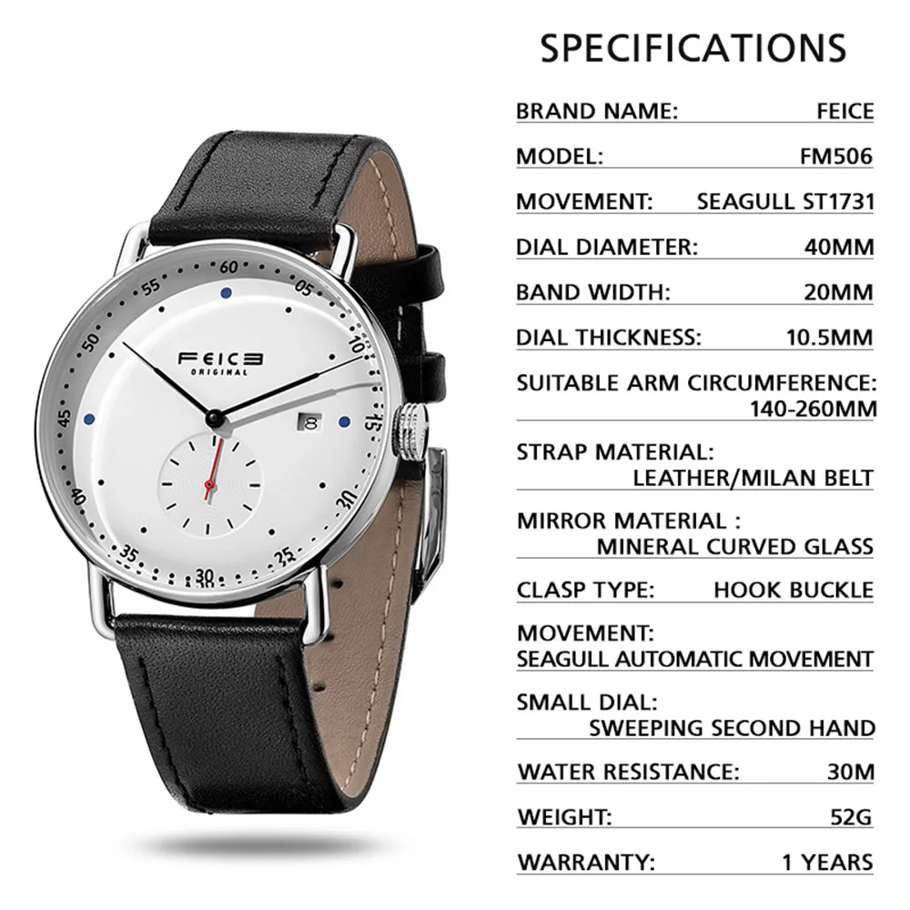 FEICE New Men\'s Automatic Watch Unisex Classic Bauhaus Mechanical Watch Curved Mirror Waterproof Casual Dress Watches FM506