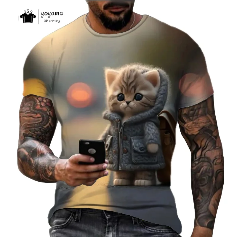 لطيف القط الرجال الجرافيك تي شيرت الصيف الشارع الرجال بلايز المألوف تنفس الرجال قصيرة الأكمام عادية الجولة الرقبة ملابس للرجال