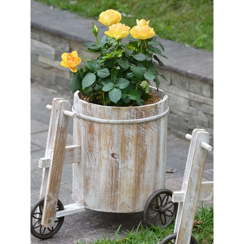 Wheeled Mobile Garden Cart Vintage Wooden Plant Stand Large Round Planter for Succulent Flower Pot Holder Home Balcony Decor