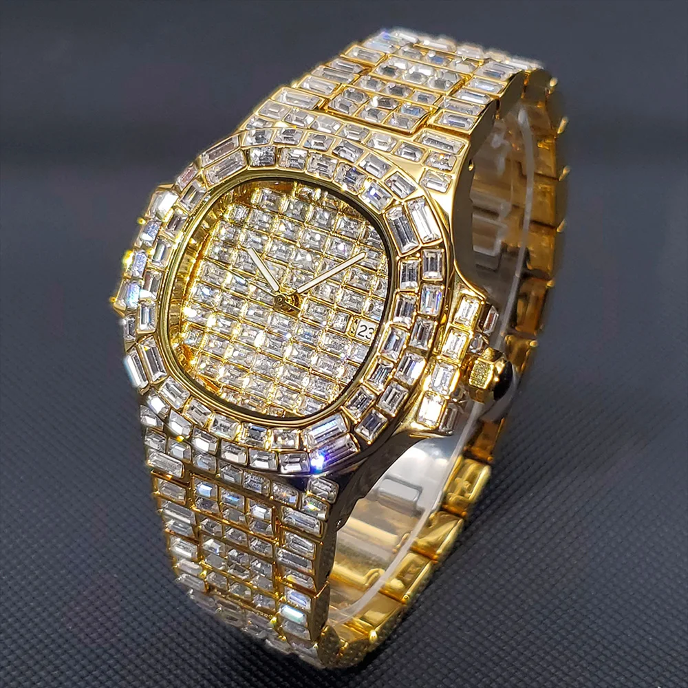 Luxury Brand Watch for Men Fashion Diamond Inlay High Quality Stainless Steel Timepiece Gold Plated Waterproof Ice Reloj Hombre
