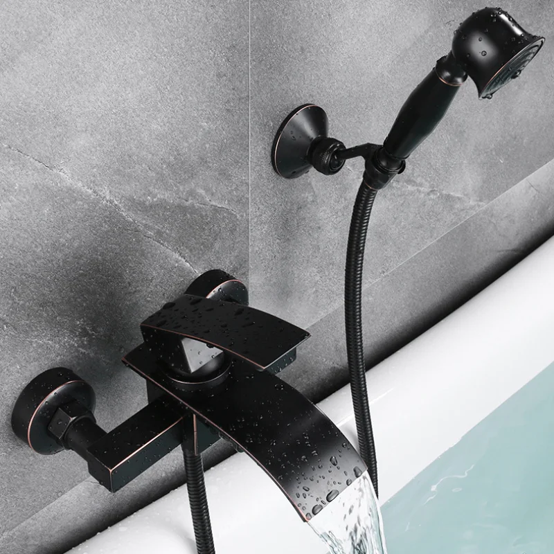 Black Bronze Square Waterfall Bathtub Faucet Wall Type Double Hole Mixed Water Shower  Hot And Cold Bathroom