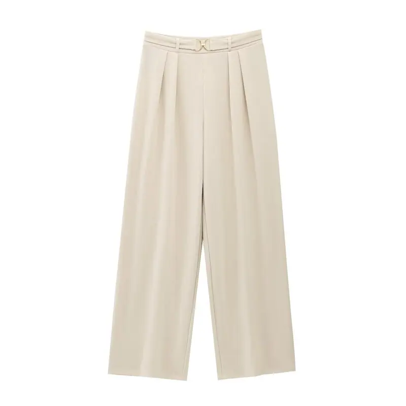 

Spring Commute High Waist Straight Leg Formal Trousers Metal Decorative Bule Elastic Long Pants Women's Premium Faion