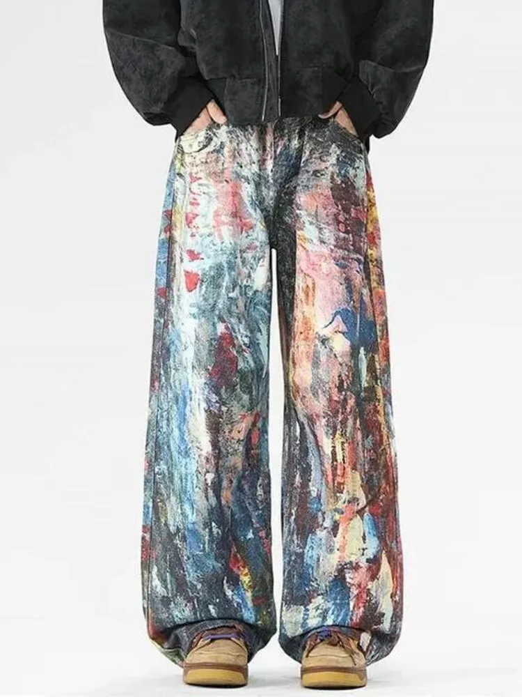 Spring New Men's Denim Pants Colorful Oil Painting Print Loose Jeans Trendy Burnt SaltWashed Streetwear Trousers RQEU