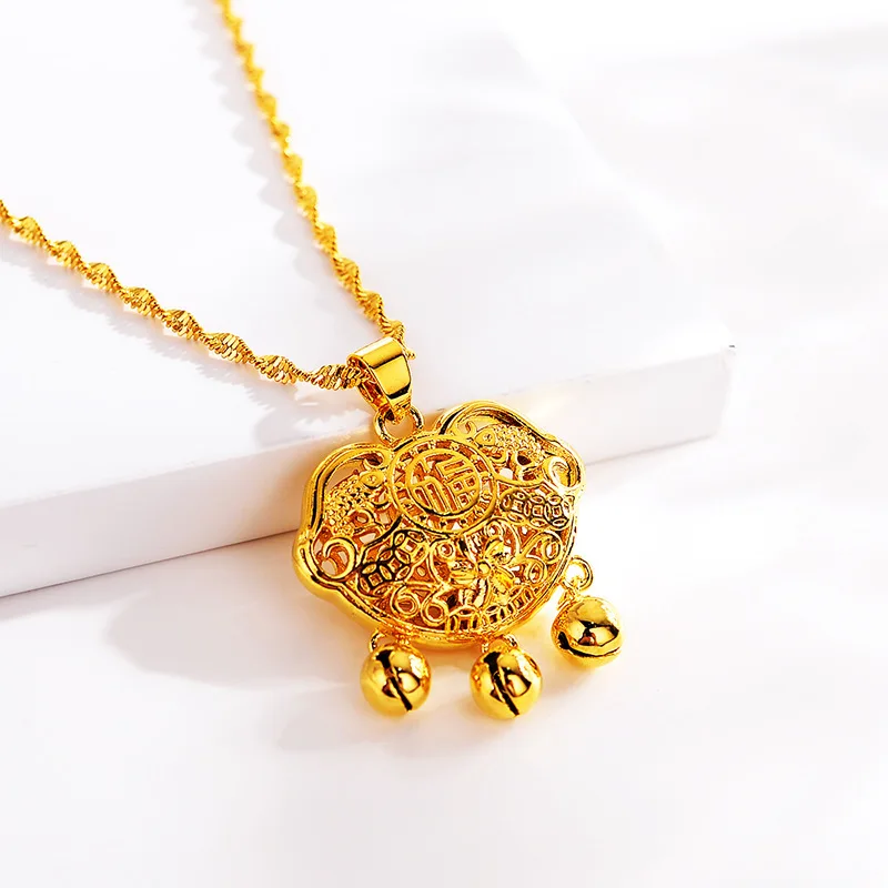 Fashionable 18K Gold Sand Ruyi Longevity Lock Pendant for Women and Men - No Fade, High-Quality Necklace, Versatile Jewelry