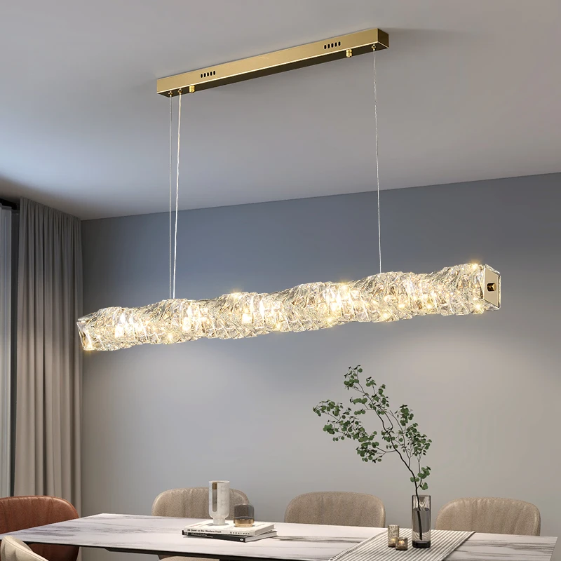 Modern Luxury Crystal Hang Lamp Gold Chrome Metal Dar Dining Room Long Strip Pendant Light for Kitchen