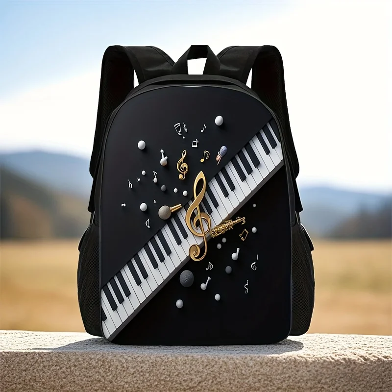 

1 piece music themed backpack with piano and sheet music design - foldable, black with gold trim, perfect for school