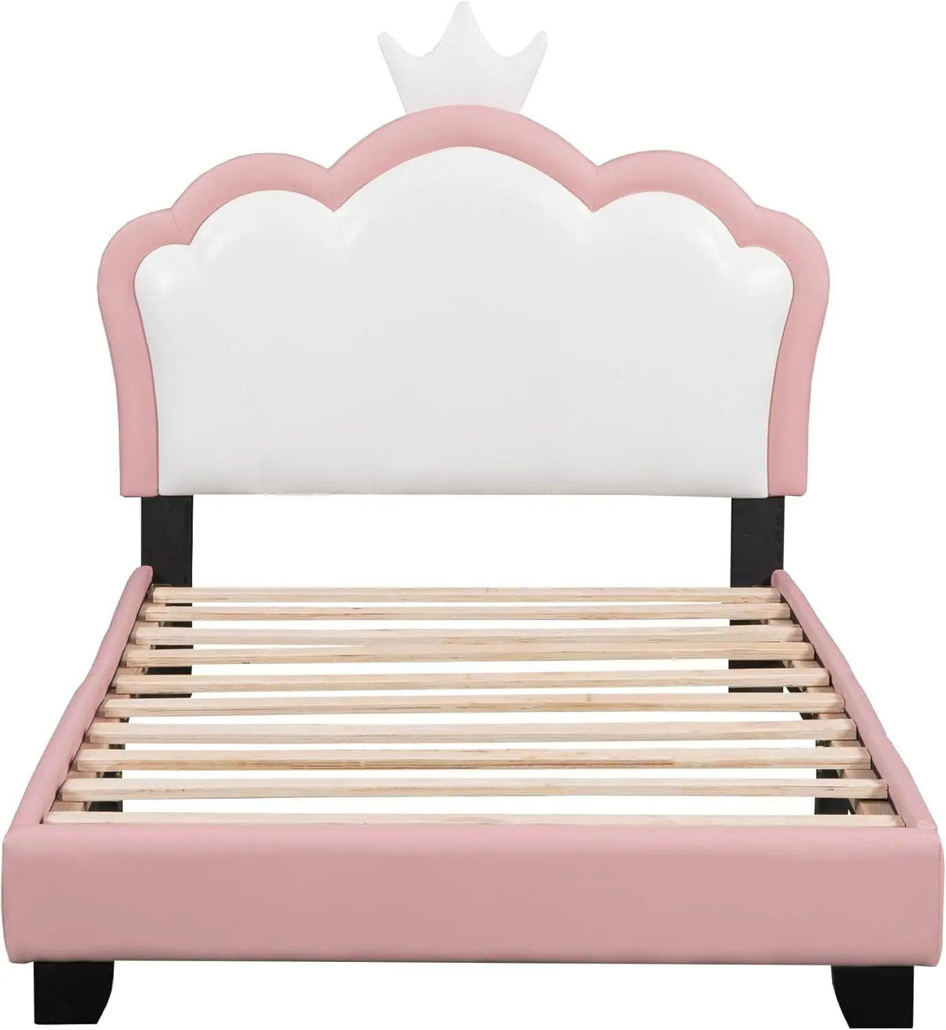 Frame with Headboard, Children Upholstered Twin Platform Bed Frame with Crown Headboard, Wooden Twin Bed for Girls, Teens, No Bo