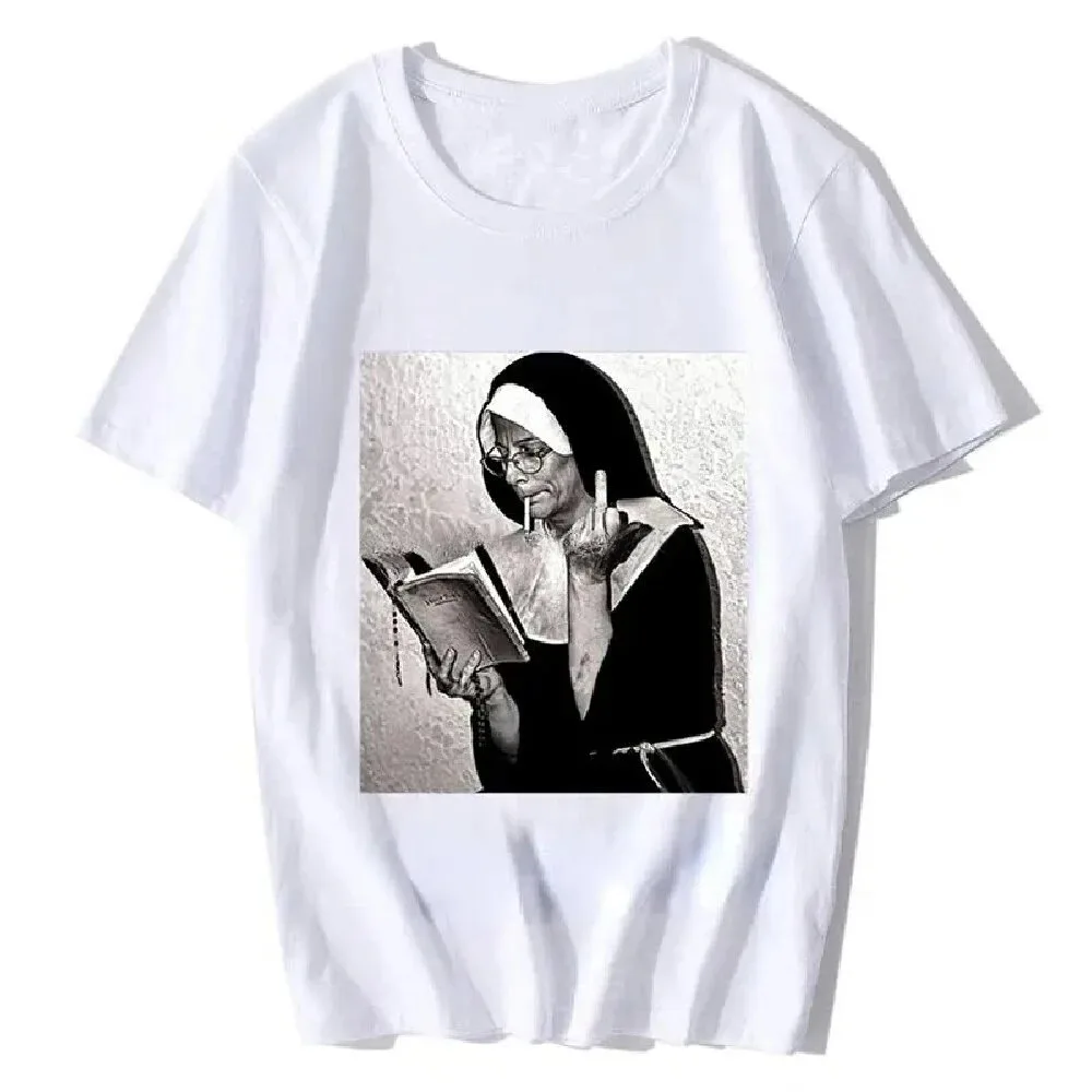 Nun middle finger attitude Harajuku trend streetwear Retro casual Ropa fashion everyday men women universal short-sleeved Tshirt
