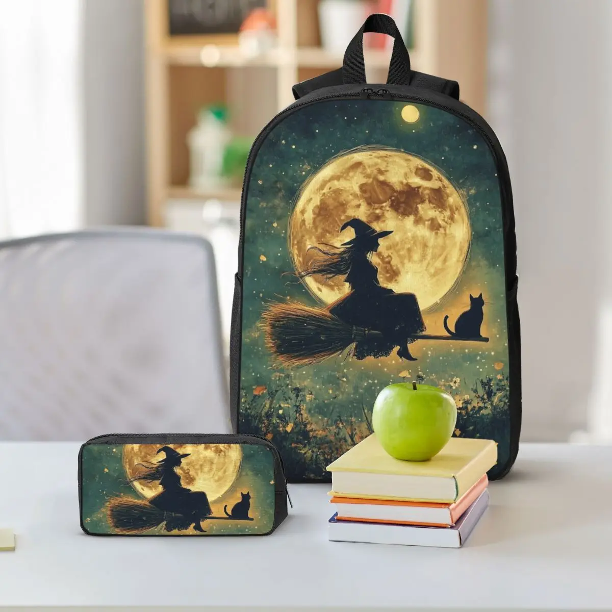 Witch And Cat Fly On Sky Backpack Boys Girls BookBag School Bag Shoulder Bags 3ps Insulated Lunch Bag Pencil Case
