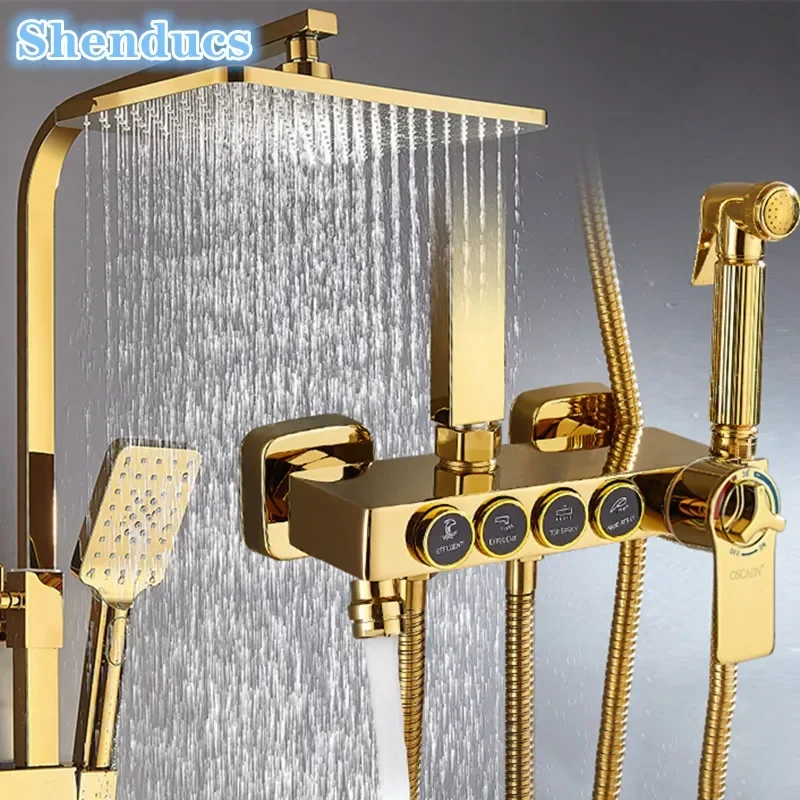 Gold Thermostatic Bathroom Shower Set Hot Cold Bathroom Faucet Accessories 12 Inch Shower Head Golden Bathroom Shower System