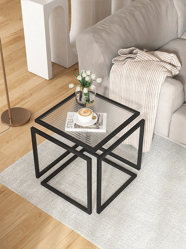 Nordic creative glass edge table ins style cream style designer sofa corner table simple iron small square table tea table