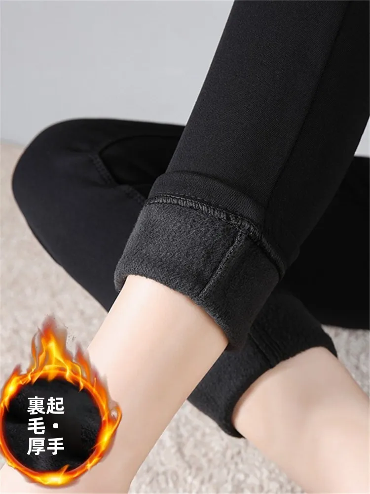 Women's Autumn Winter Fleece Lined Thickened Slim Fit High Waist Elastic Leggings Pants Black Long Trousers Stylish Casual Wear
