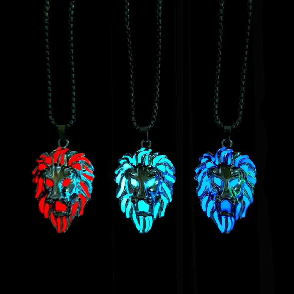 Personality Animal Lion Head Punk Luminous Glow In The Dark Lion Pendant Necklace with Stainless Steel Chain for Halloween Club