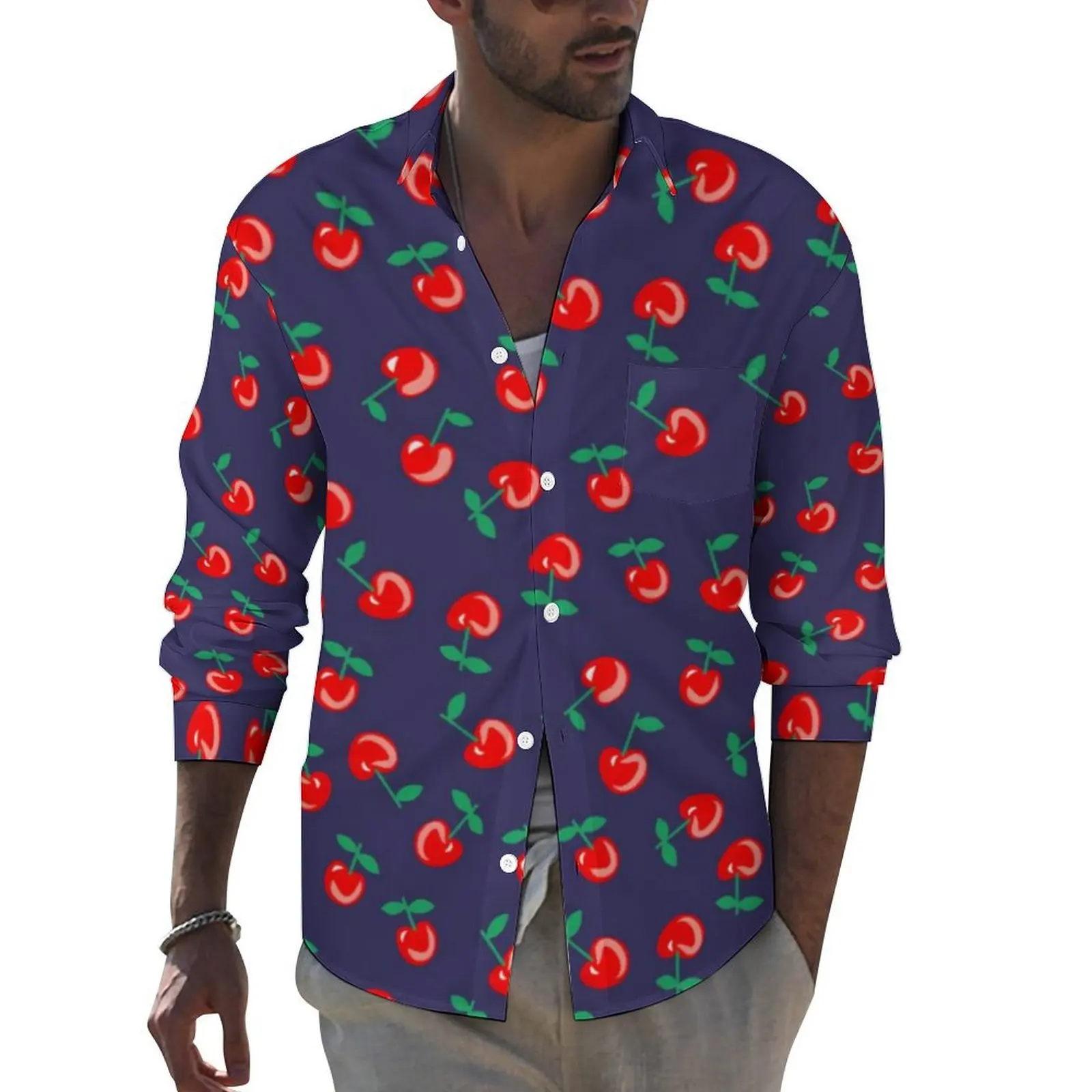 Sweet Cherry Shirt Male Cute Fruit Print Casual Shirts Spring Y2K Custom Blouses Long Sleeve Vintage Oversized Clothing Gift