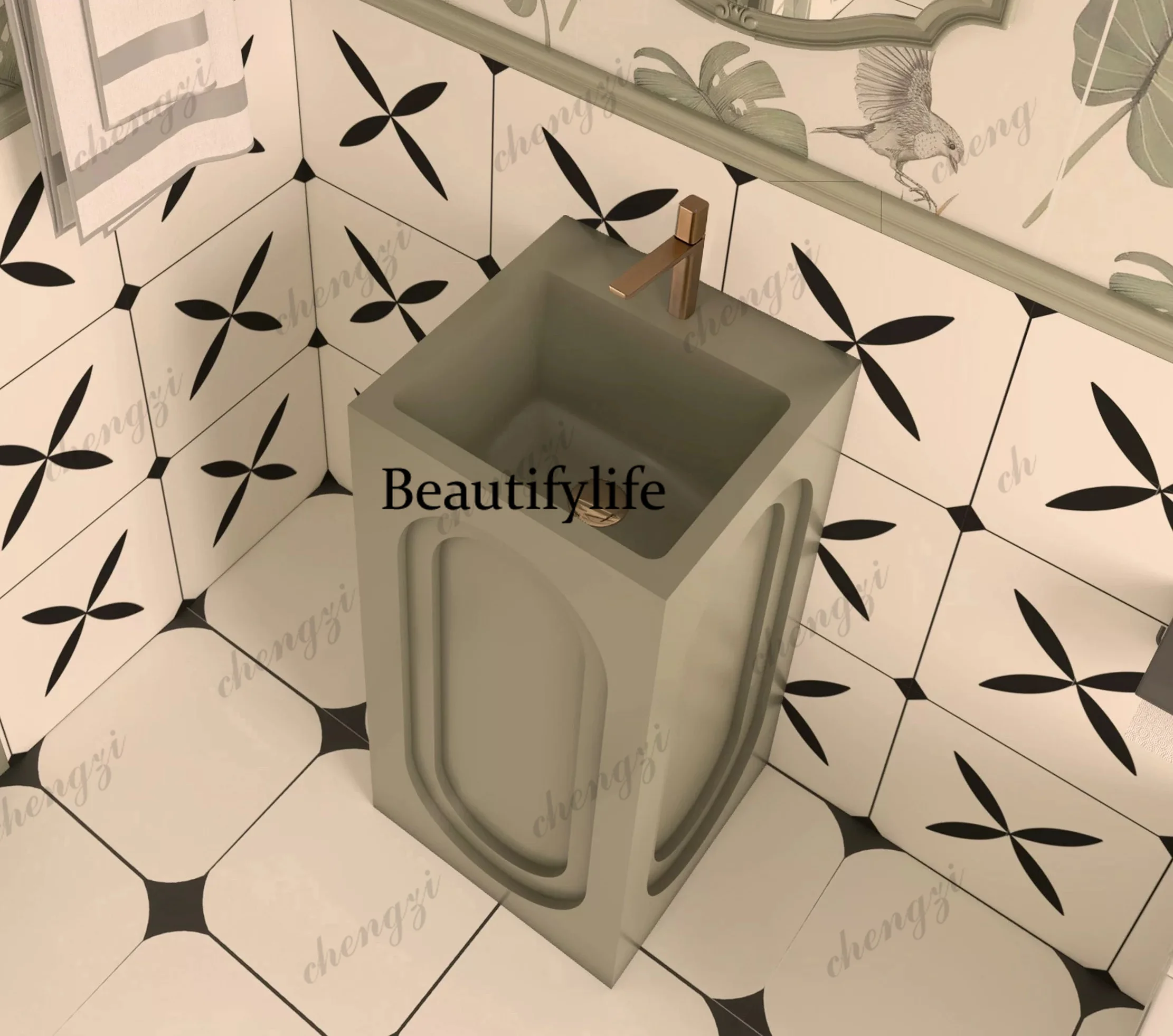 French washbasin floor-to-ceiling integrated stone washbasin retro green arch, washbasin