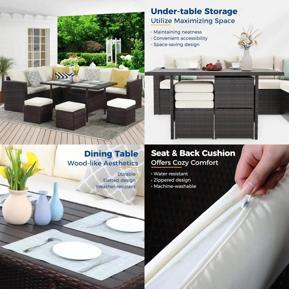

7-Piece Outdoor Dining Set with Sectional Sofa and Table, All-Weather Wicker