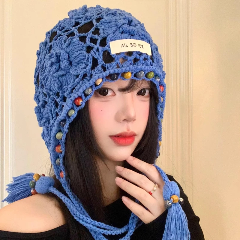 

Bohemian Style Colored Beaded Handmade Crochet Pullover Hats for Women Summer Autumn Travel Versatile Hollow Beanies Cap