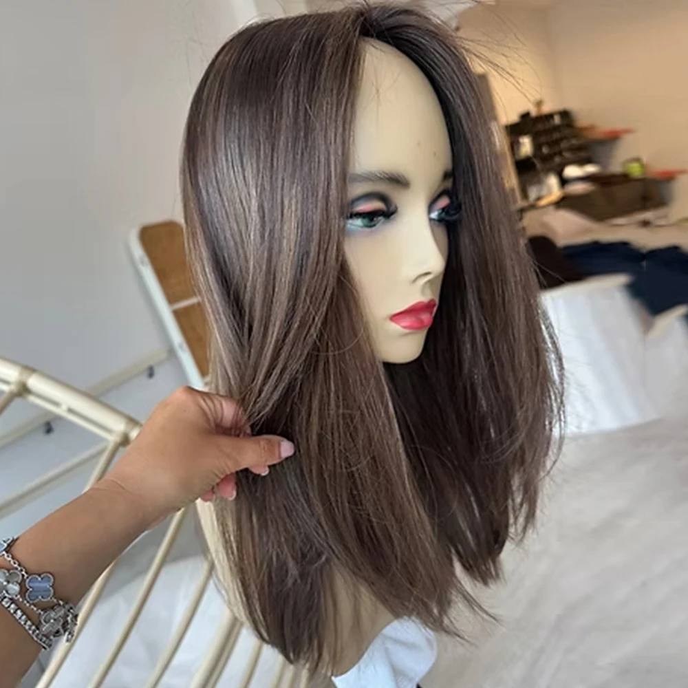 

16-дюймовый брюнетка-коричневый со светлыми бликами, синтетический парик спереди, подарочный парик Futura для нее, прямой парик, реалистичная линия волос