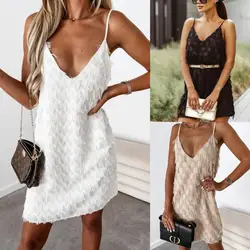 Sexy Deep V-Neck Backless Patchwork Bodycon Dress Fringe Tassel Club Party Prom Mini Dresses Spring Summer