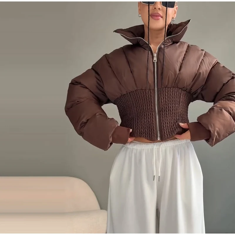 Fashion Solid Padded Coats Women's Stand Collar Full Sleeve Zipper Waist-cinching Warm Jacket 2026 Winter New Lady Outerwear