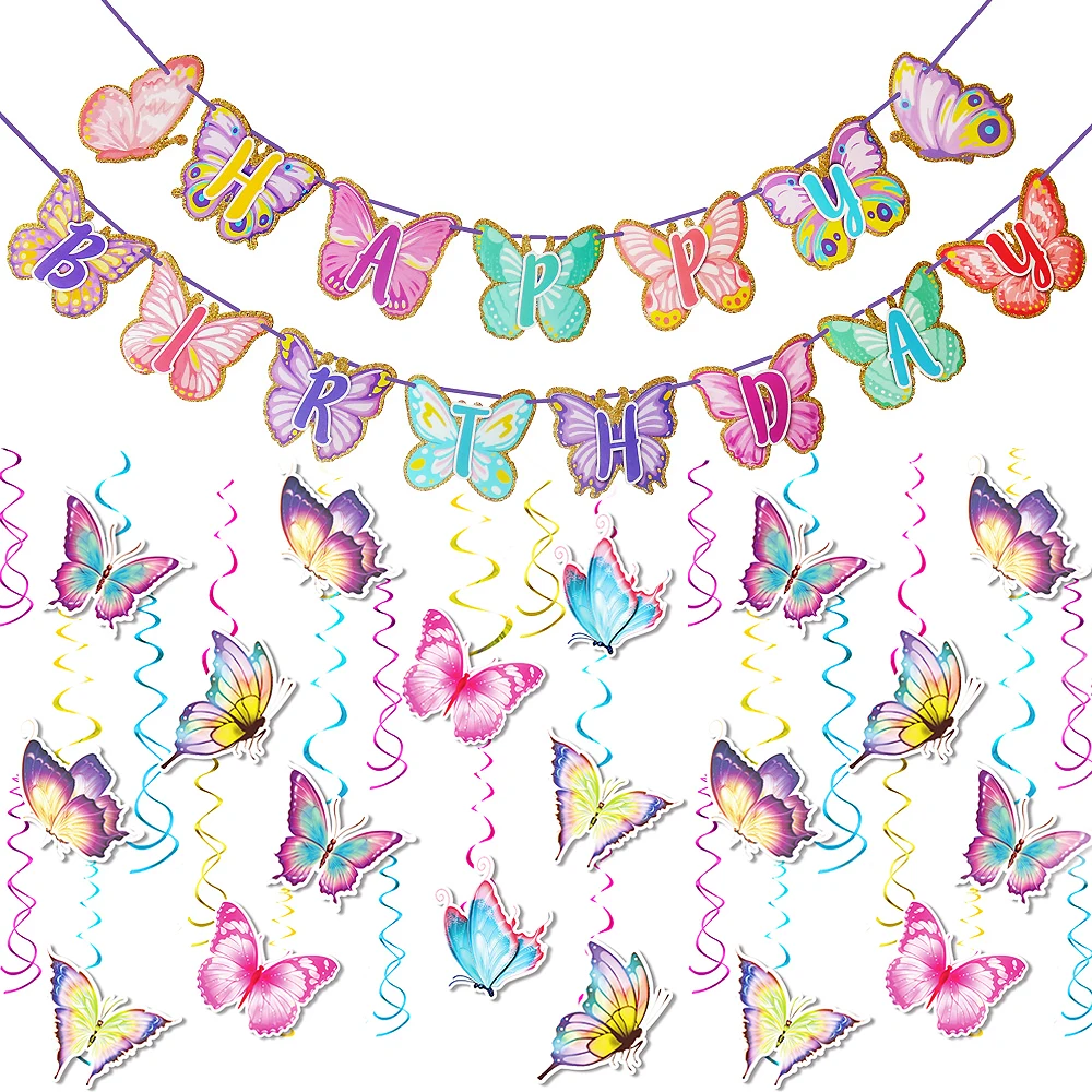 

Colorful Butterfly Banner Hanging Swirls Garland Cake Toppers DIY Girls Birthday Party Wedding Decorations Baby Shower Supplies